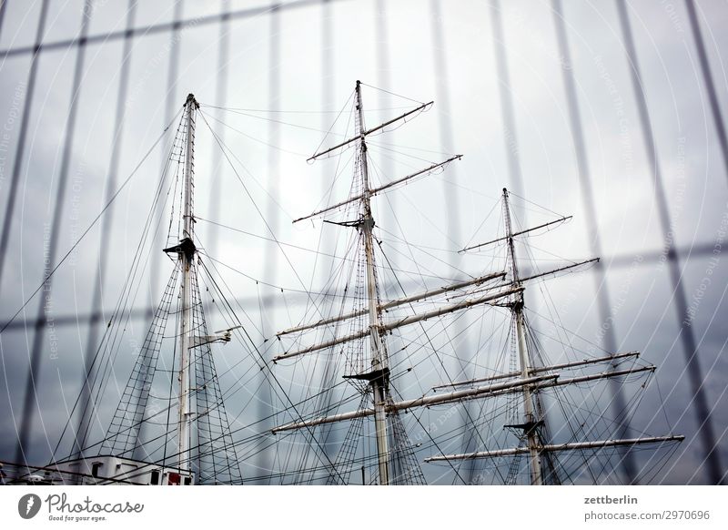 Gorch Fock in Stralsund Watercraft Sailboat Sailing ship Pole Mast Yardarm Museum Fence Sky Heaven Deserted Copy Space Old Ancient Harbour Hanseatic League
