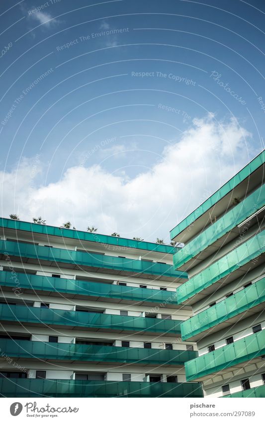 Living better IV Town House (Residential Structure) High-rise Manmade structures Architecture Facade Balcony Blue Green Tower block Colour photo Exterior shot