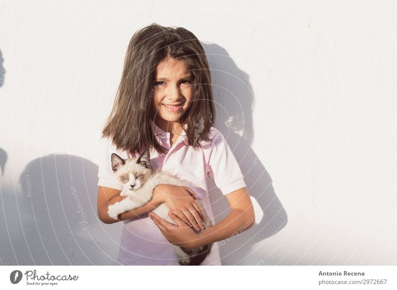 little children and pet puppy cat in outdoors image Life Child Human being Animal Brunette Pet Cat Cute Puppy Domestic people real people Home responsability