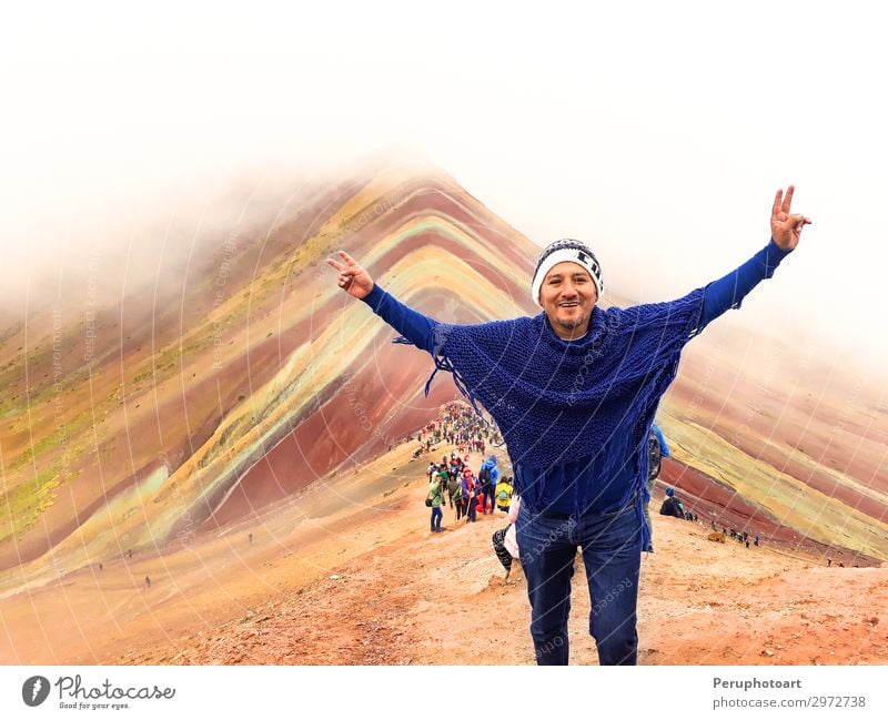 tourist enjoying the view of the incredible Rainbow Mountains Vacation & Travel Tourism Hiking Human being Man Adults Nature Landscape Elements Sky Fog Rock