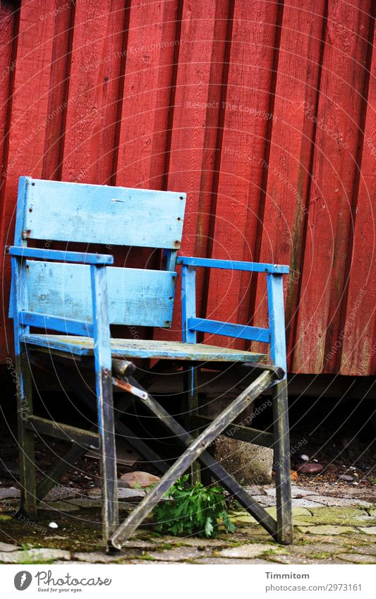Somehow it goes on... Vacation & Travel Denmark Fishermans hut Facade Wood Wait Simple Trashy Blue Red Black Serene Patient Workplace Chair Empty Colour photo