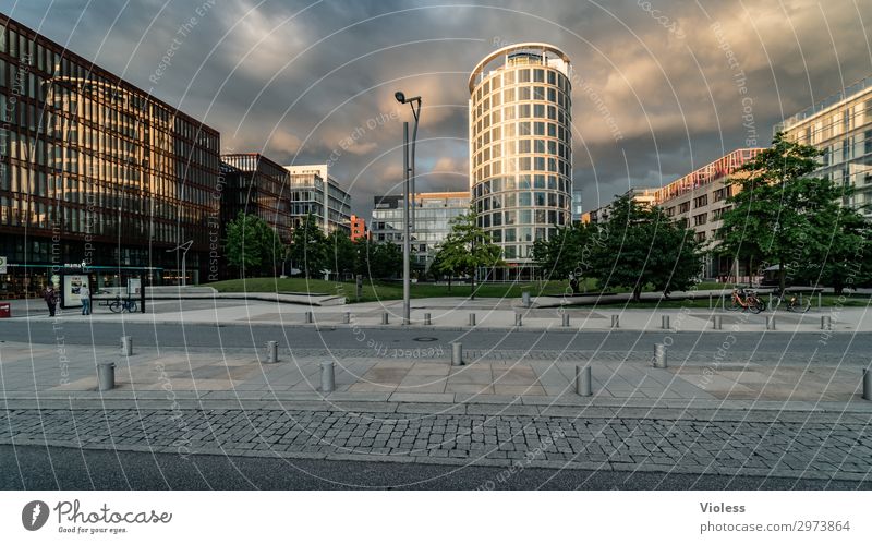 hafencity Harbor city Port City Downtown High-rise Park Manmade structures Architecture Facade Discover Hip & trendy Modern Hamburg Clouds Exterior shot Light