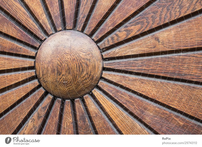 Detail of an old wooden door. Door lock ornaments Knocker door handle door fitting Building House (Residential Structure) Wood oak wood Iron Old Ancient