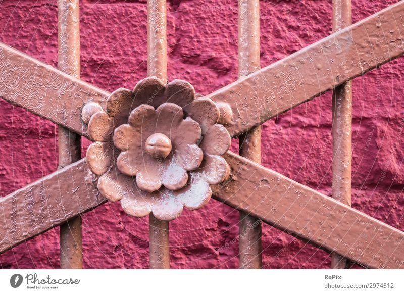 Detail of an old garden gate. door Chain door handle door fitting Goal padlock Locking bar Iron Historic built Padlock wrought-iron Architecture Park Old