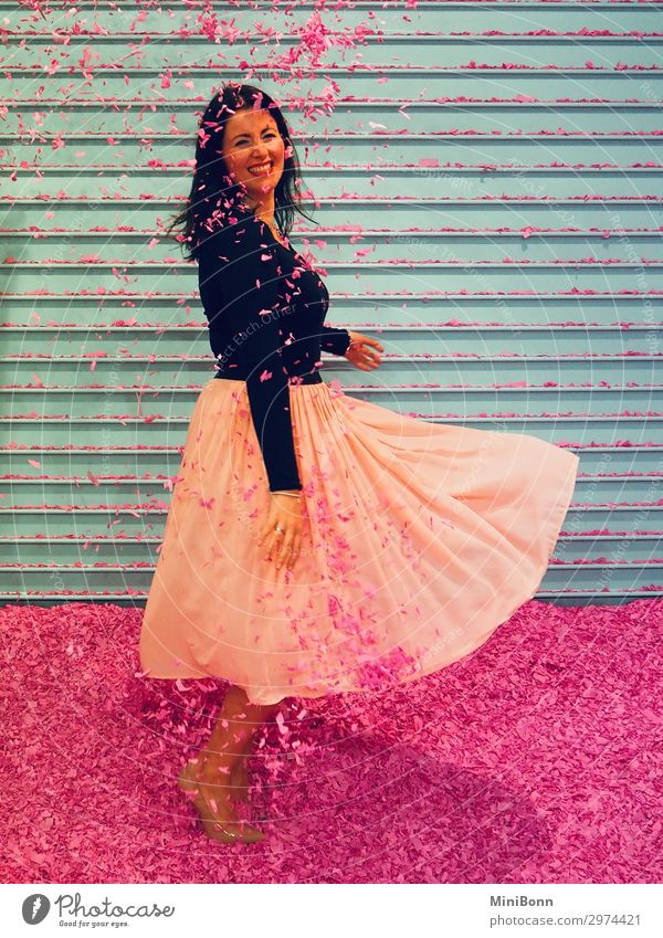 confetti dance Dance Feminine Young woman Youth (Young adults) 1 Human being Dancer Fashion Skirt High heels Black-haired Brunette Movement Smiling Romp Free