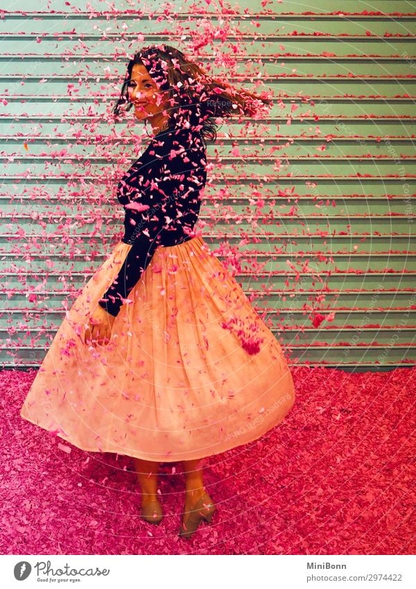 showery with confetti pretty Dance Feminine Young woman Youth (Young adults) 1 Human being Fashion Clothing Skirt High heels Smiling Dream Brash Free