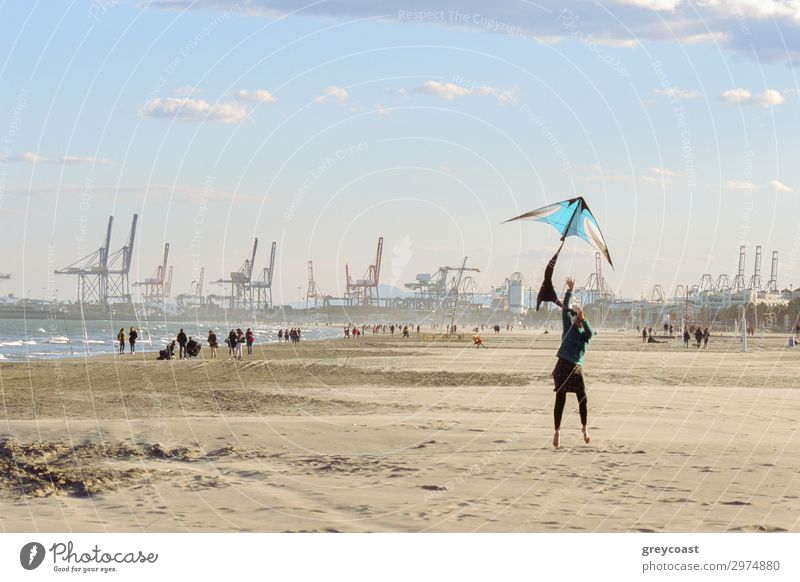 A woman flies a kite at the seashore. Promenading people and a port with cranes for cargo ships on background Leisure and hobbies Beach Ocean Winter Human being
