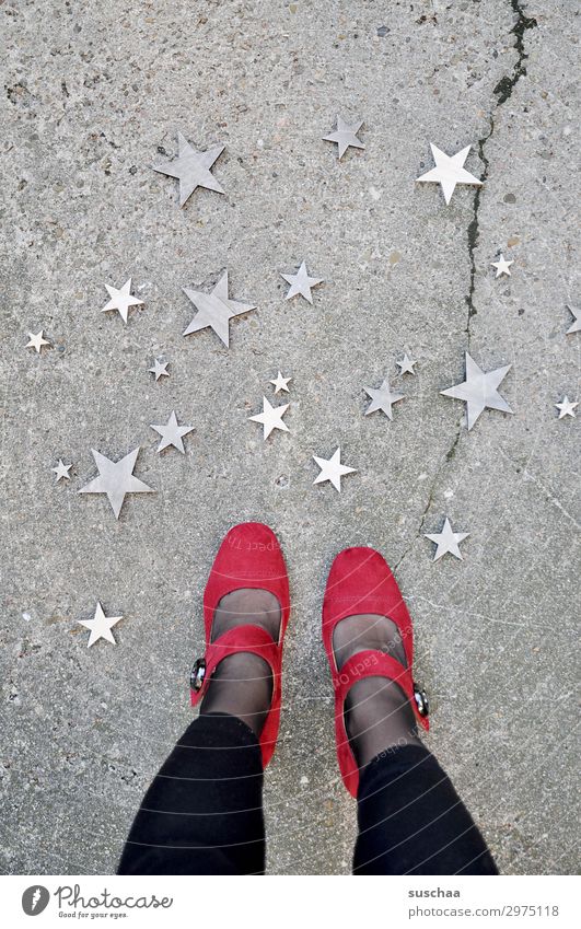 woman standing in the street looking down at the stars Legs feet feminine Woman Stand High heels Footwear Red Strange Whimsical Street Asphalt