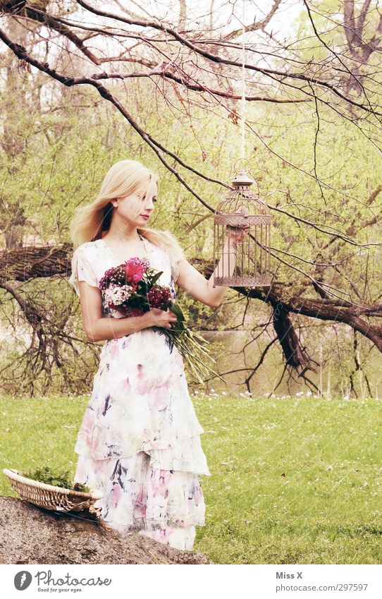 fairytale bride Beautiful Wedding Human being Feminine Young woman Youth (Young adults) 1 18 - 30 years Adults Spring Tree Flower Bushes Park Forest Pond Dress