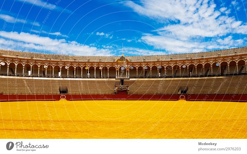 Bullfight Arena II Sand Sky Clouds Summer Beautiful weather Warmth Seville Andalucia Spain Europe Town Downtown Old town Populated Stands Tourist Attraction