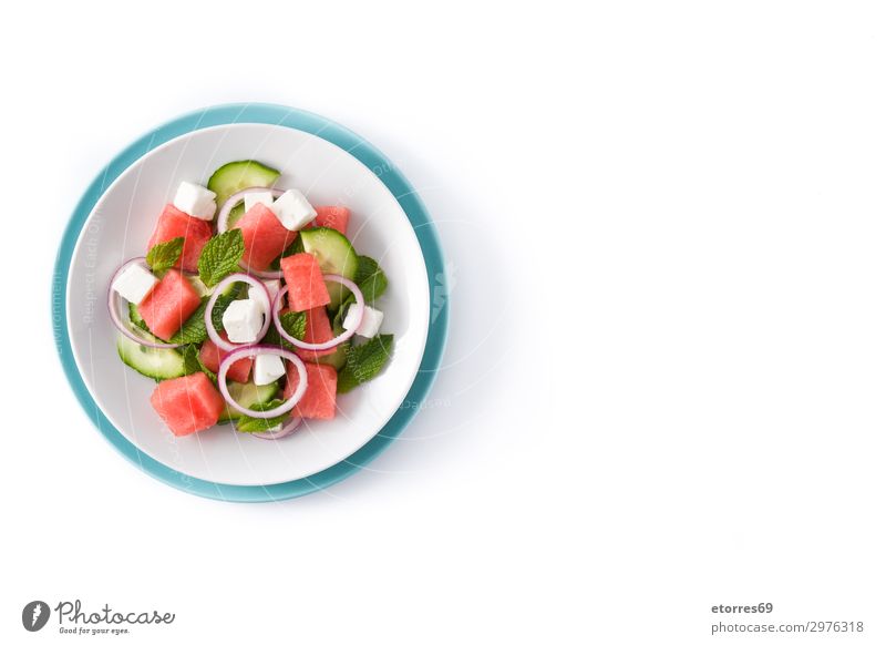 Watermelon salad with feta cheese Vegetable Fruit Vegetarian diet Asian Food Plate Exotic Summer Autumn Leaf Stone Fresh Blue Gray Green Red White