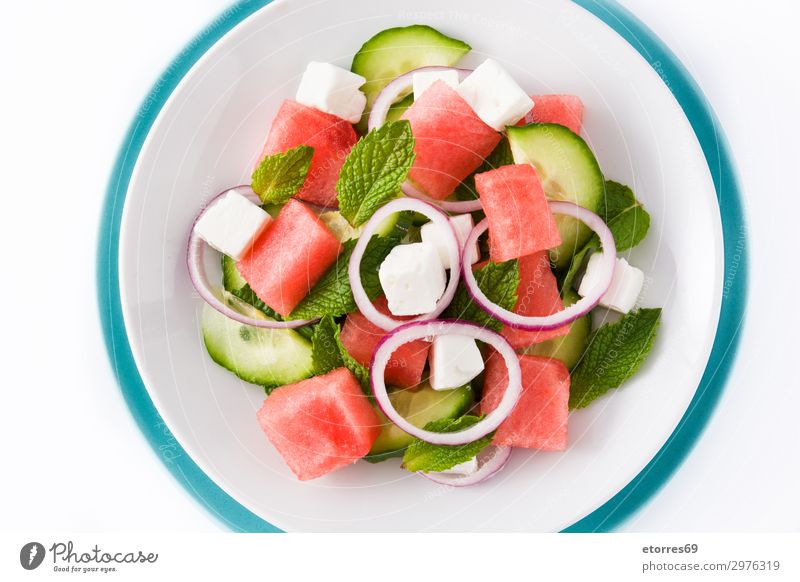 Watermelon salad with feta cheese Food Cheese Vegetable Fruit Nutrition Lunch Dinner Vegetarian diet Asian Food Plate Exotic Summer Autumn Leaf Stone Fresh Blue
