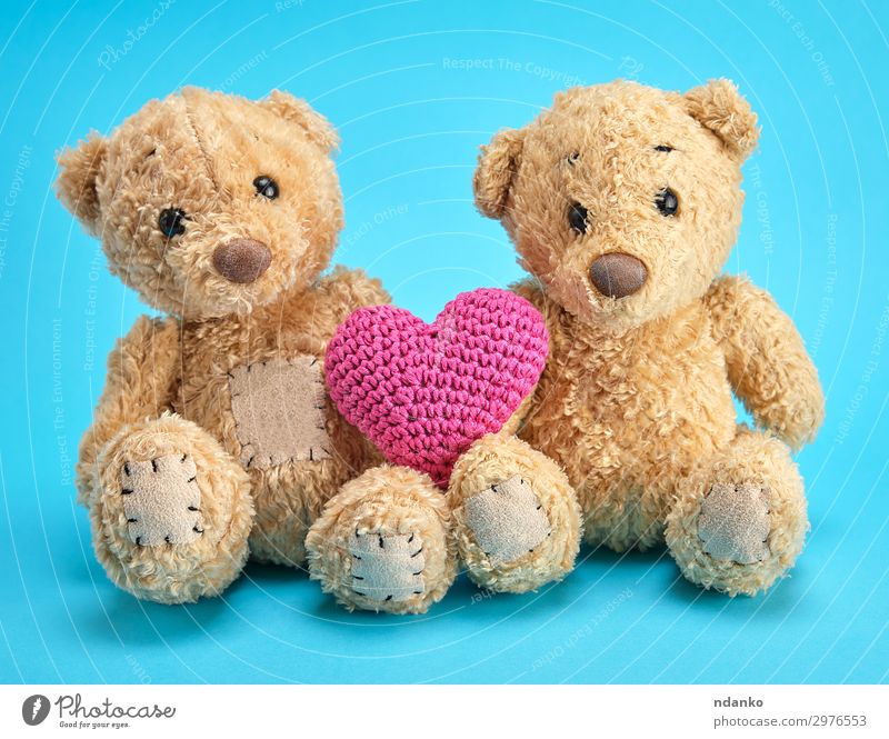 two brown teddy bears hold a red knitted heart Joy Child Family & Relations Friendship Infancy Animal Toys Doll Teddy bear Heart Love Sit Small Cute Retro Soft