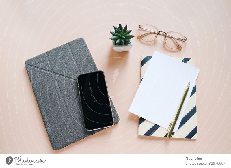 Flat lay of workspace desk Lifestyle Style Design Summer Decoration Success Work and employment Workplace Office Business Telephone PDA Screen Technology
