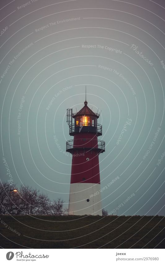 nightlight Sky Autumn bunch Lighthouse Old Historic Maritime Orange Red White Longing Homesickness Wanderlust Idyll Protection Dark Colour photo Subdued colour