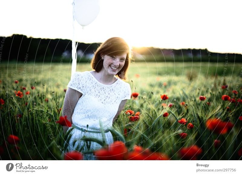 Radiant joy in red poppy seed Trip Summer Feminine Youth culture Nature Landscape Beautiful weather Blossom Balloon Laughter Dream Esthetic Happiness