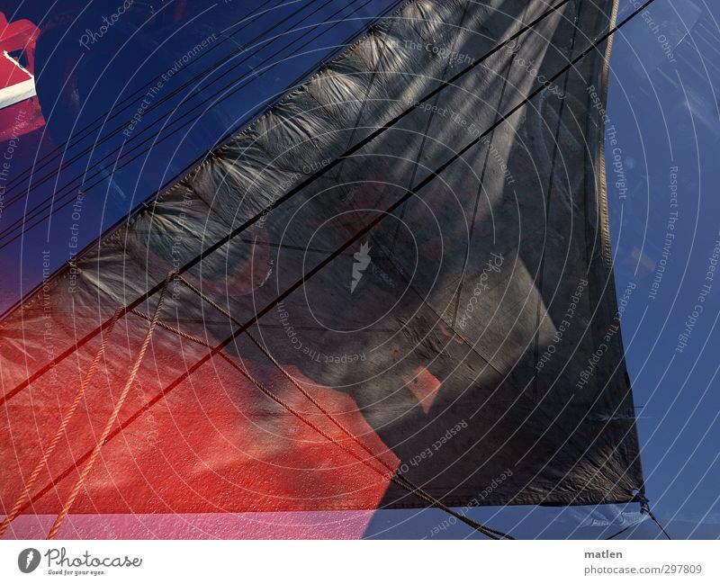 ahoy Means of transport Navigation Sailing ship Rope On board Blue Red Black Double exposure Stitching Dew Colour photo Exterior shot Deserted Day