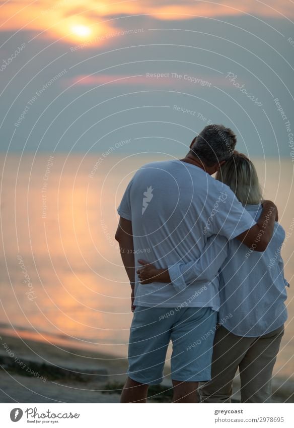 A middle-aged couple hugging each other and observing a sunset sea, we see them from the back Vacation & Travel Ocean Waves Human being Masculine Feminine