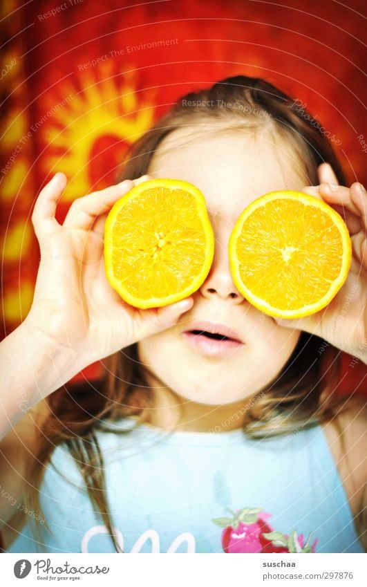 girl's face with orange halves in front of the eyes | vitamin c Child Infancy Joy Orange Eyeglasses Vitamin C fruit Multicoloured Face Healthy Healthy Eating