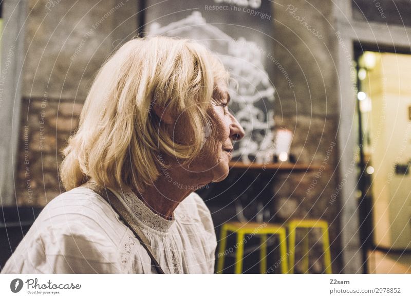 Lady in an Italian cafe Lifestyle Vacation & Travel Female senior Woman 60 years and older Senior citizen Town Port City Blonde Long-haired Observe Relaxation
