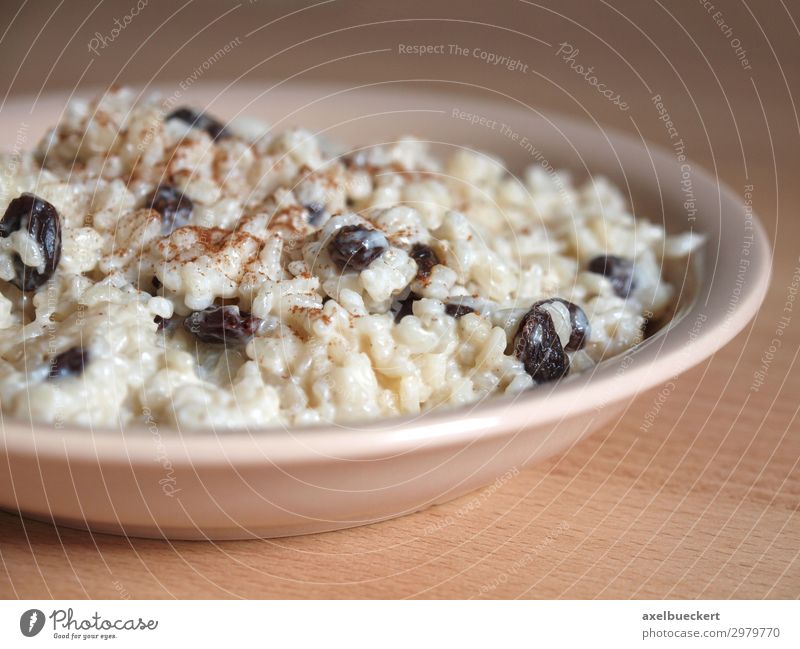 Plate of rice pudding with raisins and cinnamon Food Dessert Nutrition Lunch Delicious Germany Rice pudding Milk Raisins Cinnamon Table Tradition Self-made