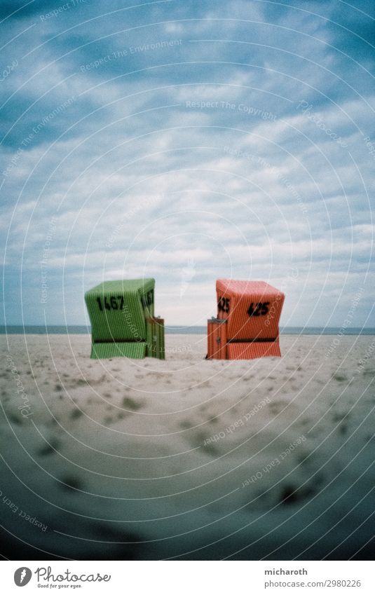 Two beach chairs at the beach Wellness Relaxation Vacation & Travel Beach Ocean Island Sand Clouds Storm clouds Autumn Bad weather Wind Gale North Sea Langeoog