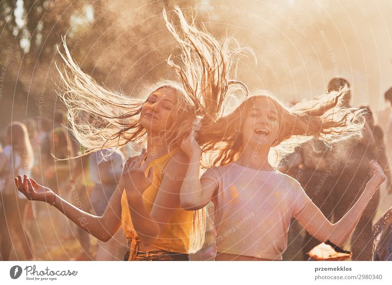 Portrait of happy young girls on holi color festival Lifestyle Style Joy Happy Beautiful Relaxation Vacation & Travel Freedom Summer Summer vacation Decoration