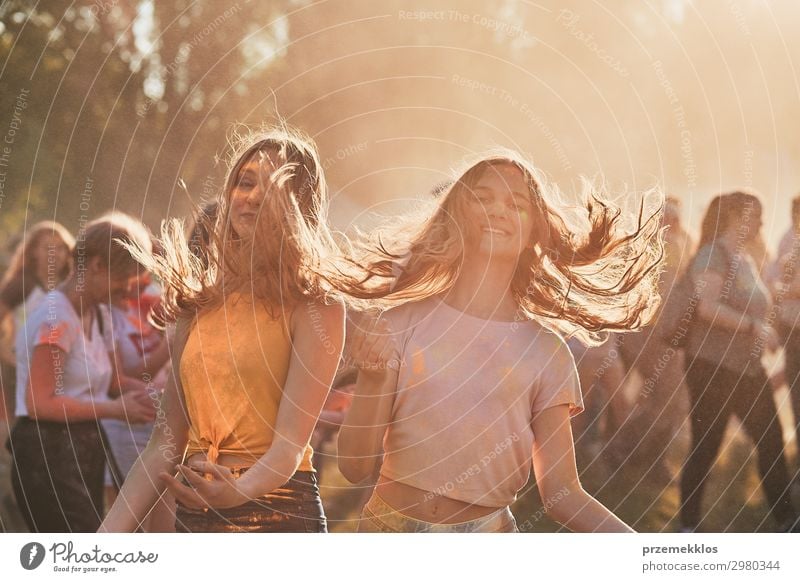 Portrait of happy young girls on holi color festival Lifestyle Style Joy Happy Beautiful Relaxation Vacation & Travel Summer Summer vacation Decoration