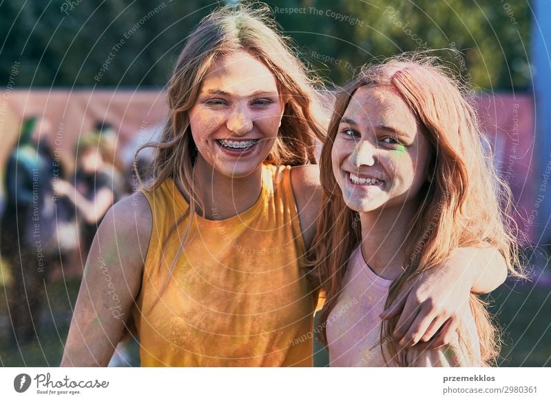 Portrait of happy young girls on holi color festival Lifestyle Style Joy Happy Beautiful Relaxation Vacation & Travel Summer Summer vacation Decoration