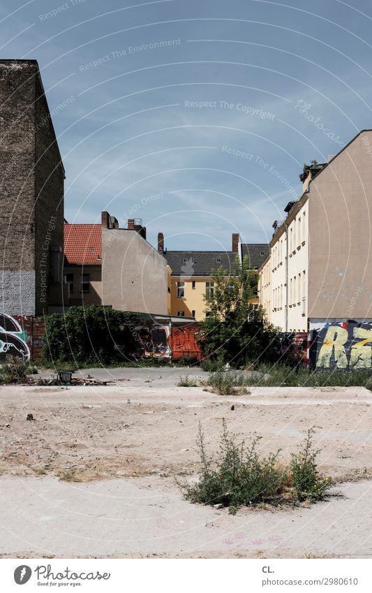 fallow land berlin Construction site Sky Cloudless sky Summer Beautiful weather Warmth Wild plant Berlin Neukölln Deserted House (Residential Structure) Places