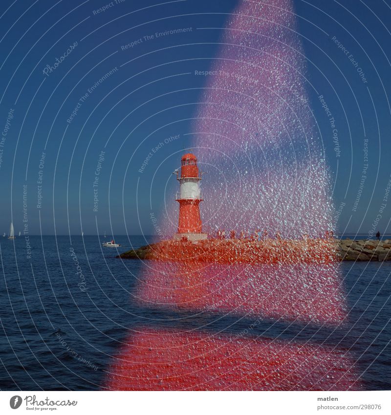 el bolo Human being Group Sky Cloudless sky Horizon Sunlight Coast Baltic Sea Navigation Sailing ship Harbour Blue Red Double exposure Lighthouse Mole