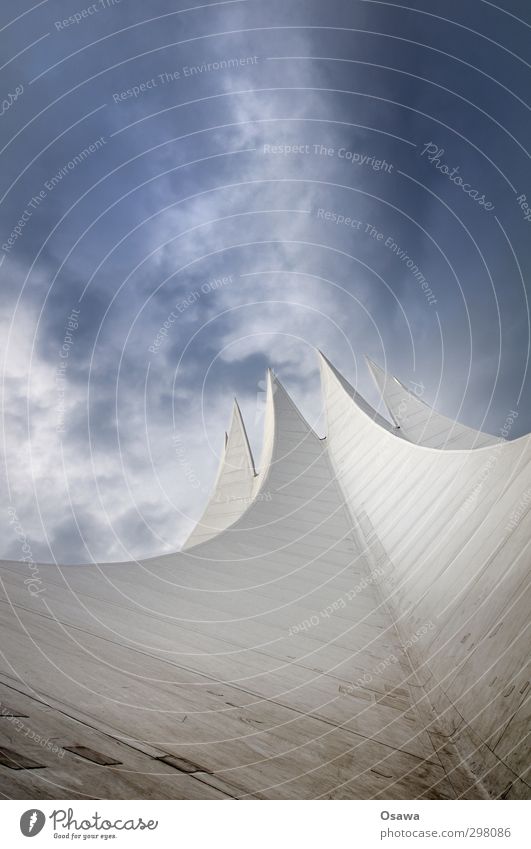 tempodromic Tempodrom Manmade structures Building Architecture Roof Tent Geometry White Old Gray Repair kit Upward Patch Dirty Sky Clouds Blue Worm's-eye view