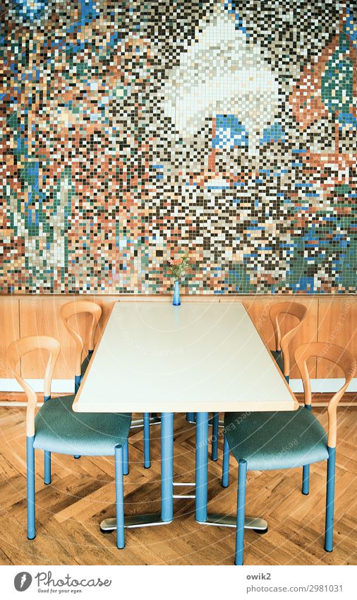 cafeteria Work of art Mosaic Wall (barrier) Wall (building) Table Tabletop Chair Interior design Modern Wall decoration wood panelling Flower vase Stone Wood