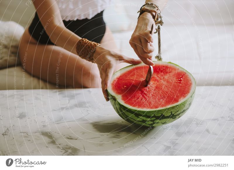 beautiful woman eating watermelon indoor Food Fruit Nutrition Eating Breakfast Lunch Diet Spoon Lifestyle Beautiful Body Summer Living or residing