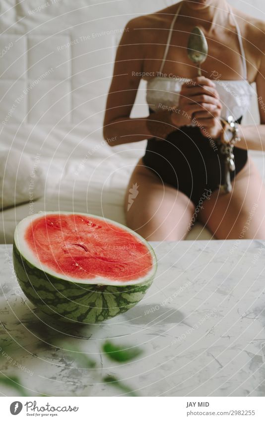 beautiful woman eating watermelon indoor Food Fruit Nutrition Eating Spoon Lifestyle Happy Beautiful Summer Human being Feminine Woman Adults Body Hand 1