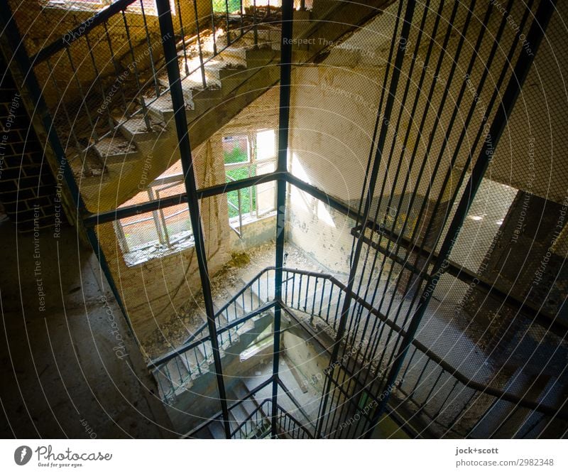 layer in the shaft Brandenburg Ruin Stairs Window Elevator shaft Staircase (Hallway) Historic Broken Above Style Decline Transience Change Lanes & trails