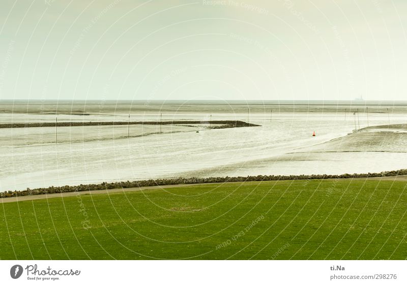 tides Air Water Spring Beautiful weather Grass Coast North Sea Dithmarschen Harbour Dike Gray Green Relaxation Horizon Tourism Tide Tideway Buoy Colour photo
