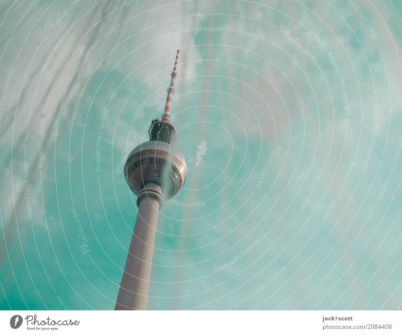 Green is the new blue Sky Clouds Beautiful weather Downtown Berlin Tower Tourist Attraction Berlin TV Tower Window pane Stripe Dirty Tall Original Climate