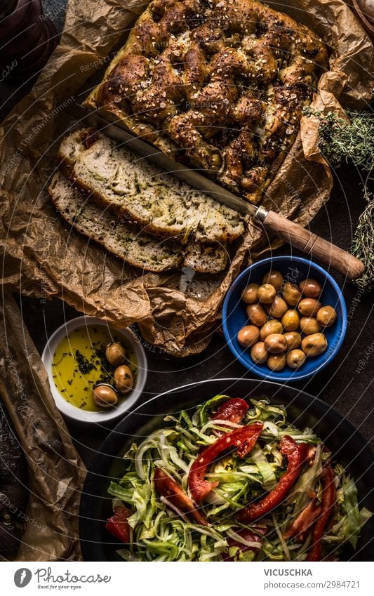Mediterranean Lunch with Olives, Salad and Focaccia Food Lettuce Nutrition Organic produce Vegetarian diet Italian Food Crockery Style Design Healthy Eating