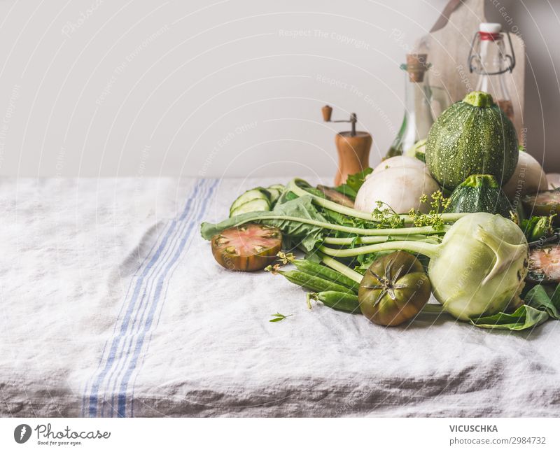 Various green organic vegetables on the kitchen table Food Vegetable Nutrition Organic produce Vegetarian diet Diet Crockery Style Healthy Eating Table Kitchen