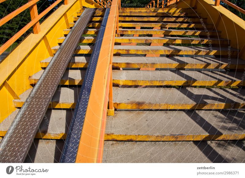 staircase Town Stairs Level Intersection Pedestrian crossing Pedestrian bridge Career Light Shadow Yellow Ascending Go up Handrail Banister Bridge railing