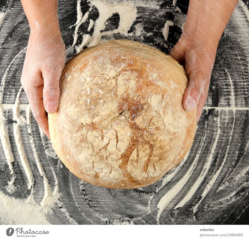 female hands holding round baked bread Dough Baked goods Bread Nutrition Table Kitchen Hand Wood Eating Dark Fresh Large Natural Above Brown Black Tradition