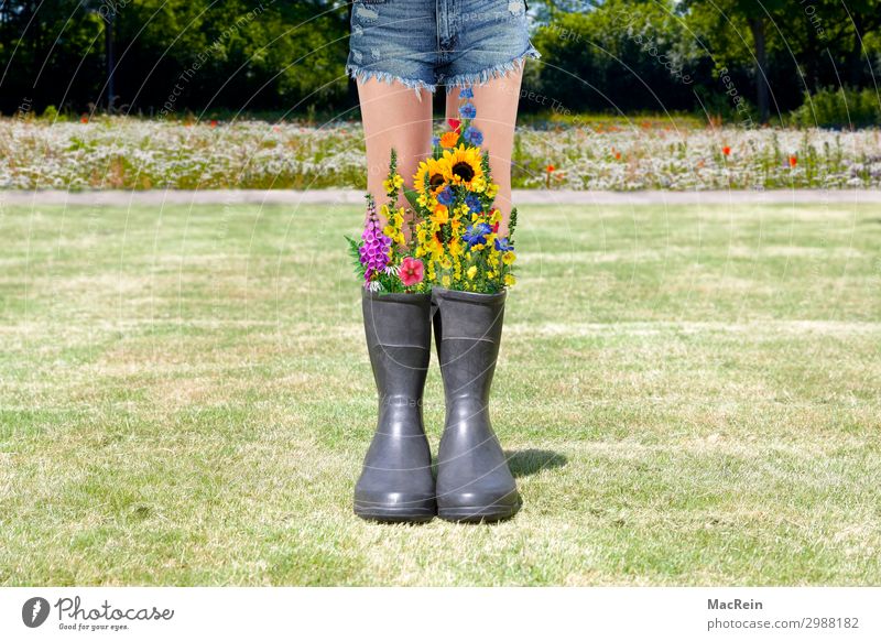 Rubber boots with field flowers Human being Feminine Young woman Youth (Young adults) 1 18 - 30 years Adults Environment Nature Landscape Plant Summer Flower