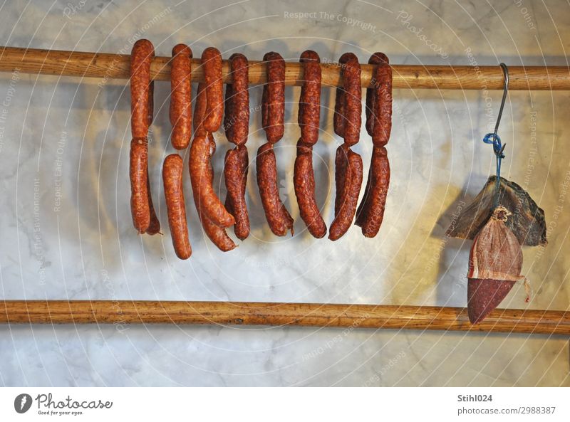 air-dried sausages Food Sausage Salami Smoked sausages spread Brunch Shopping Healthy Eating Butcher Wood Hang Delicious Brown Orderliness Appetite Gluttony
