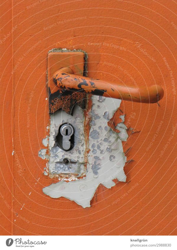 The paint is off Door Door lock Door handle Old Dirty Sharp-edged Broken Orange White Colour Safety Decline Rust Flake off Colour photo Exterior shot Deserted