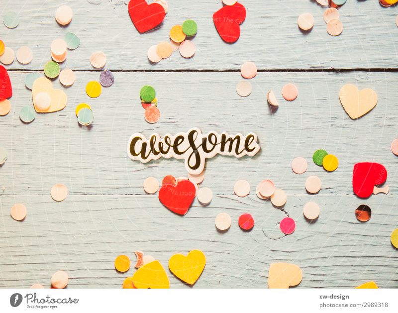 Awesome' on wooden background with hearts and confetti Letters (alphabet) Signs and labeling Characters lettering White Communicate Word Text Copy Space
