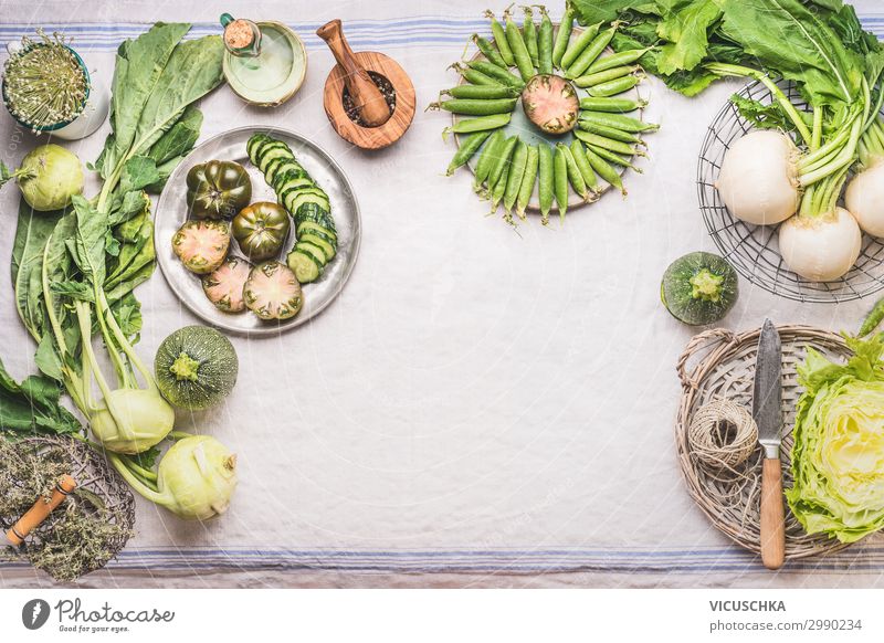 Green vegetables on the kitchen table Food Vegetable Nutrition Organic produce Vegetarian diet Diet Crockery Shopping Style Healthy Healthy Eating Summer Table