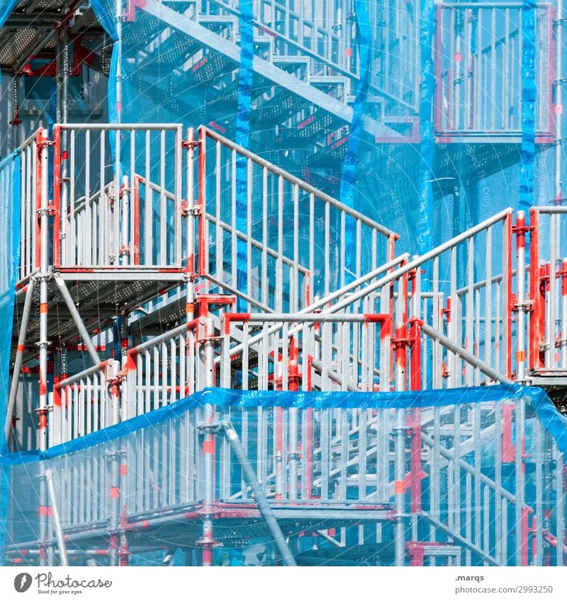 makeshift Construction site Stairs Banister Exceptional Blue Gray Red White Chaos Irritation Lanes & trails Problem solving Scaffold Colour photo Exterior shot
