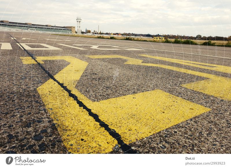 THF Clouds Capital city Deserted Places Airport Yellow Far-off places tempelhofer field Airport Berlin-Tempelhof Runway Characters Digits and numbers Concrete
