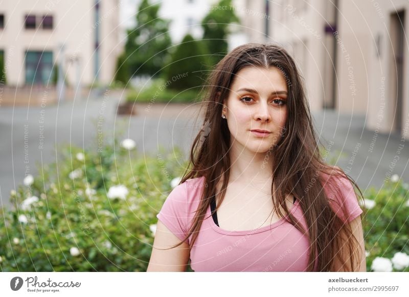 young woman in front of an urban background with free text space Lifestyle Leisure and hobbies Summer Human being Feminine Young woman Youth (Young adults)
